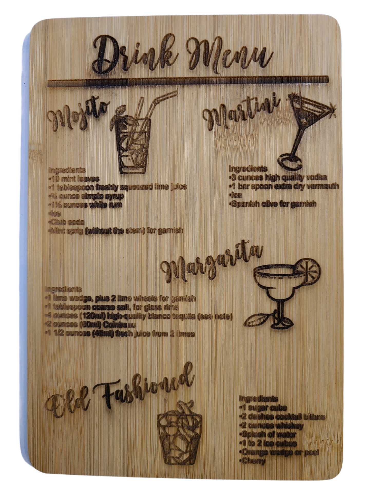 Cocktail Drink Menu Bamboo Cutting Board