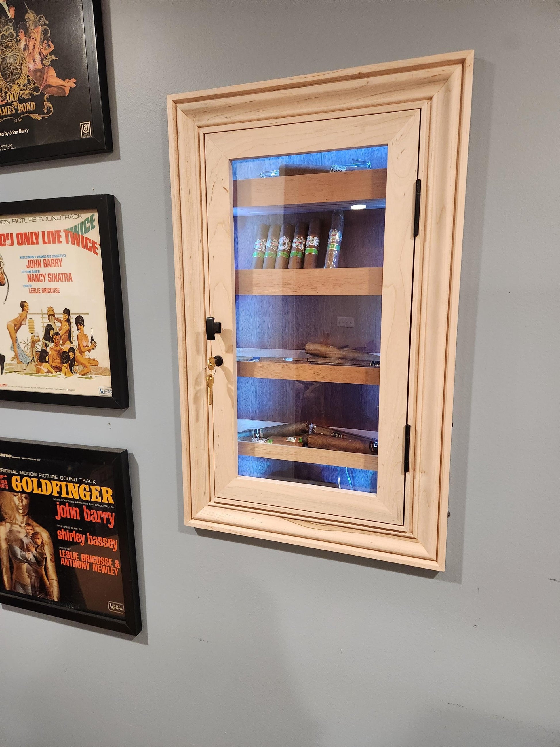 Hand Made Maple In-Wall Humidor for cigars. Great Christmas gift for husband, boyfriend, or dad. Includes Boveda Humidor Starter Kit