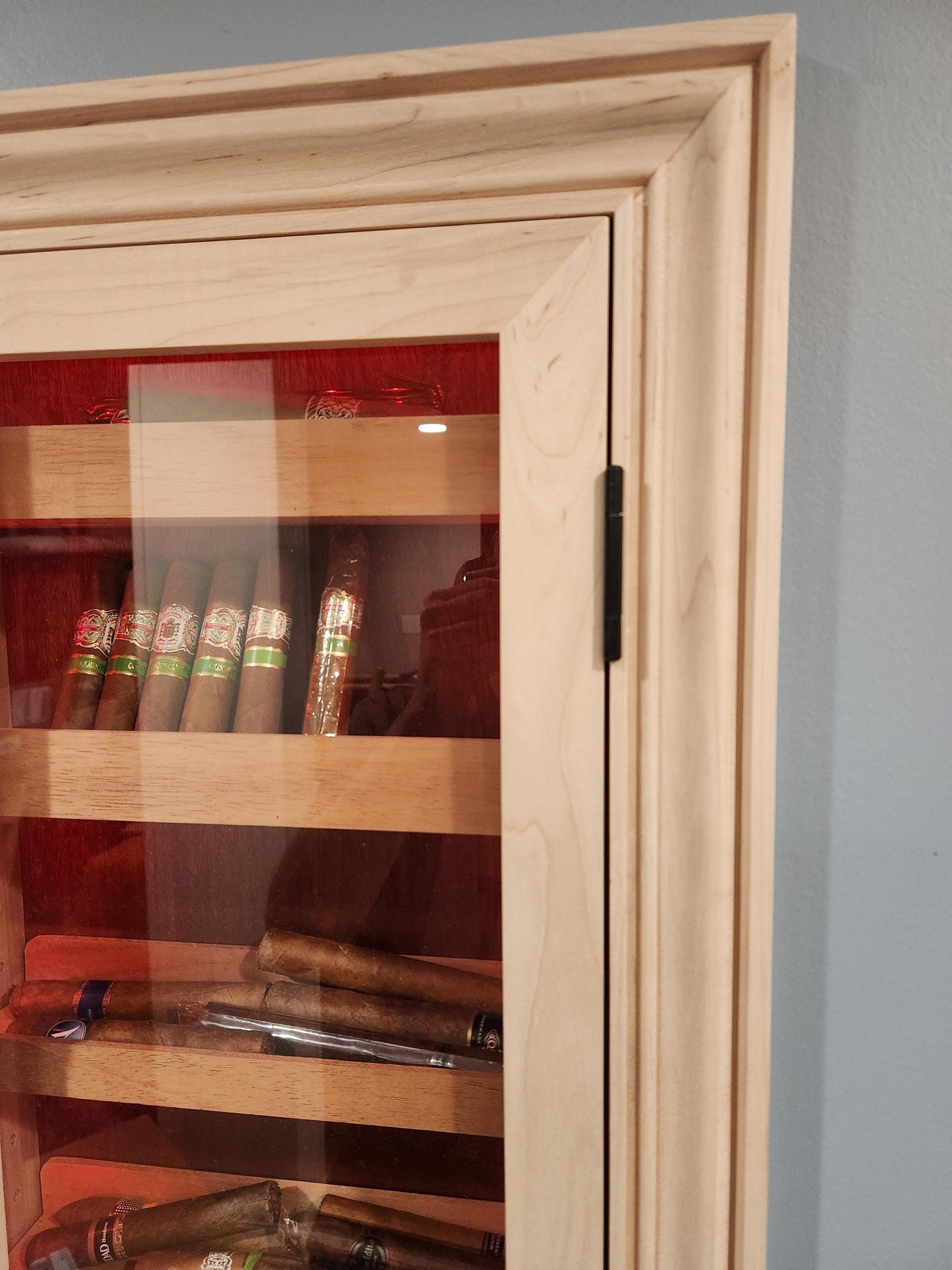 Hand Made Maple In-Wall Humidor for cigars. Great Christmas gift for husband, boyfriend, or dad. Includes Boveda Humidor Starter Kit