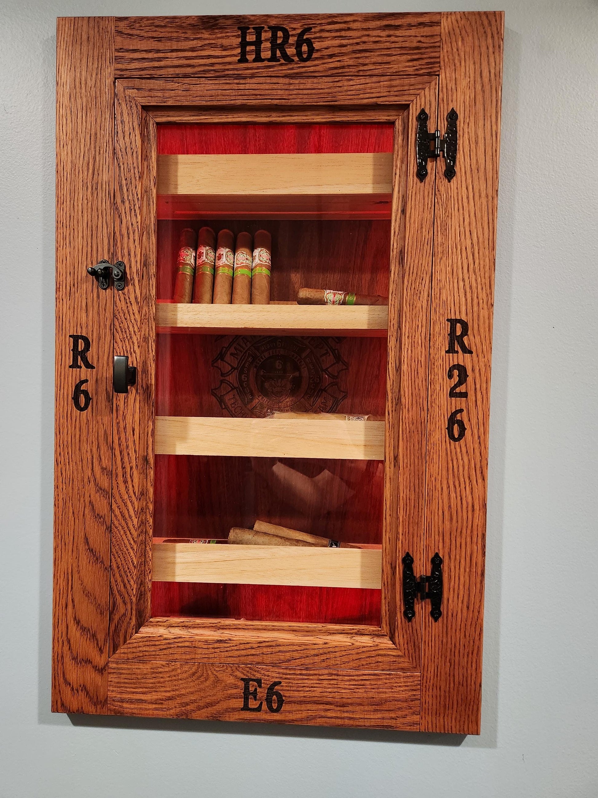 Firefighter or Firehouse Hand Made White Oak In-Wall Humidor for cigars. Great gift for any fireman. Includes Boveda Humidor Starter Kit. Great gift for a firefighter.