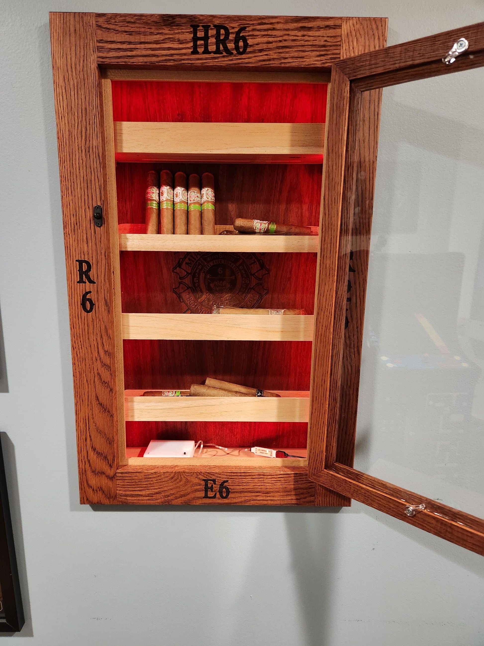 Firefighter or Firehouse Hand Made White Oak In-Wall Humidor for cigars. Great gift for any fireman. Includes Boveda Humidor Starter Kit. Great gift for a firefighter.