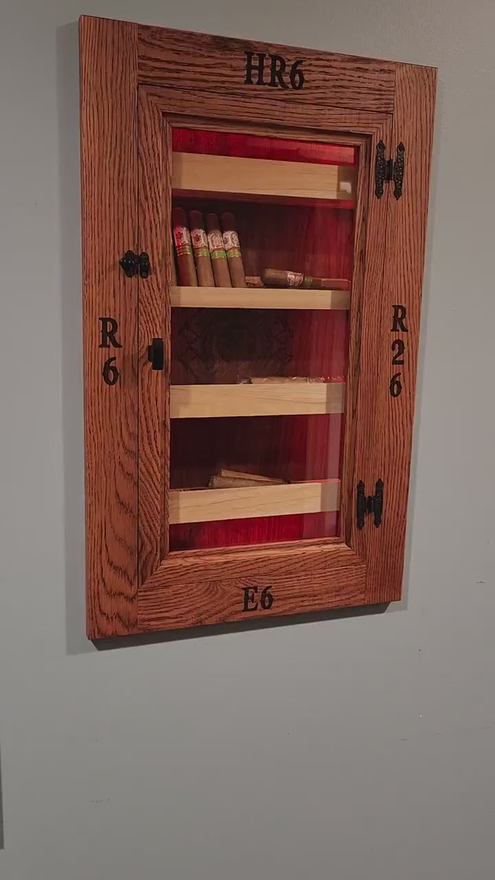 Firefighter or Firehouse Hand Made White Oak In-Wall Humidor for cigars. Great gift for any fireman.  Includes Boveda Humidor Starter Kit.