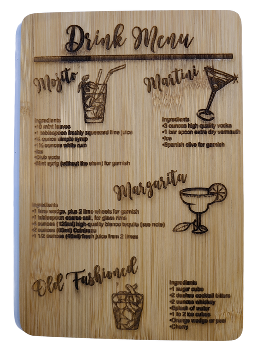 Cocktail Drink Menu Bamboo Cutting Board