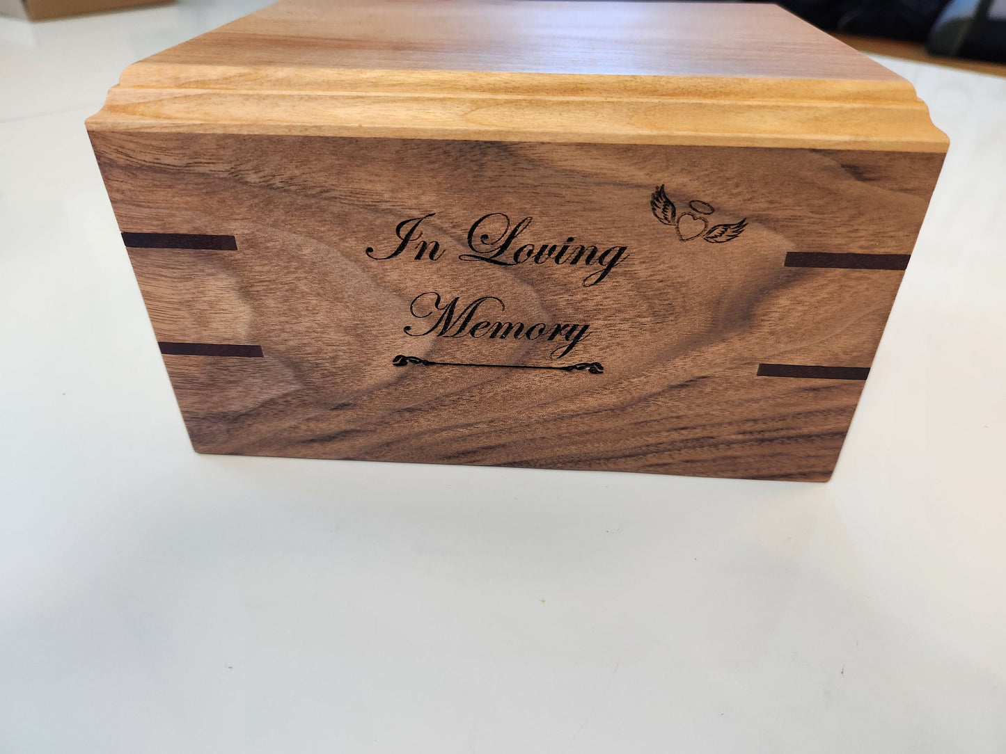 Hand Made and Engraved Walnut and Cherry Pet Urn for Dog, Cat, or Pet Cremation Ashes