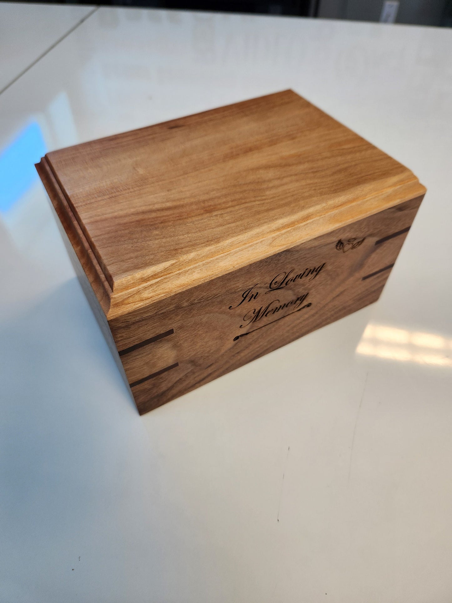 Hand Made and Engraved Walnut and Cherry Pet Urn for Dog, Cat, or Pet Cremation Ashes